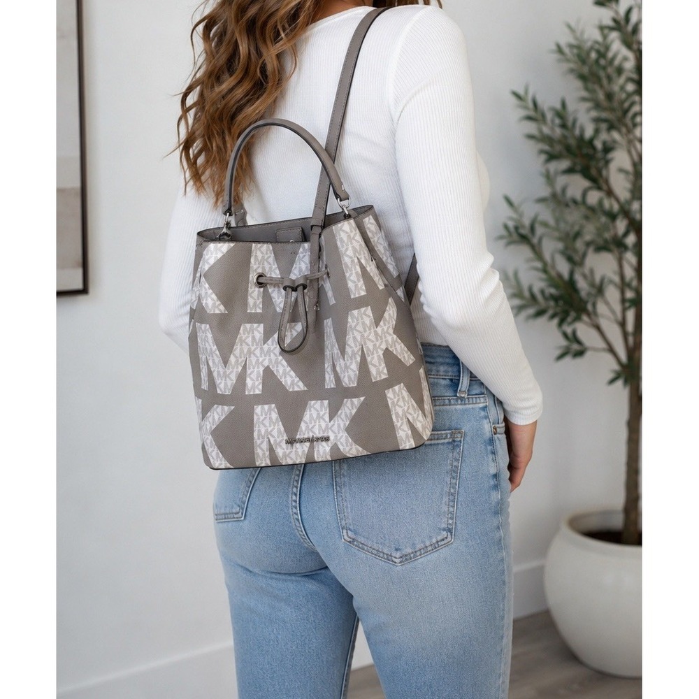 Michael Kors Suri Gray White Monogram Logo Print Convertible Bucket Backpack Bag